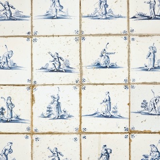 A field of 48 Dutch Delft blue and white tiles with shepherds, 17th C.